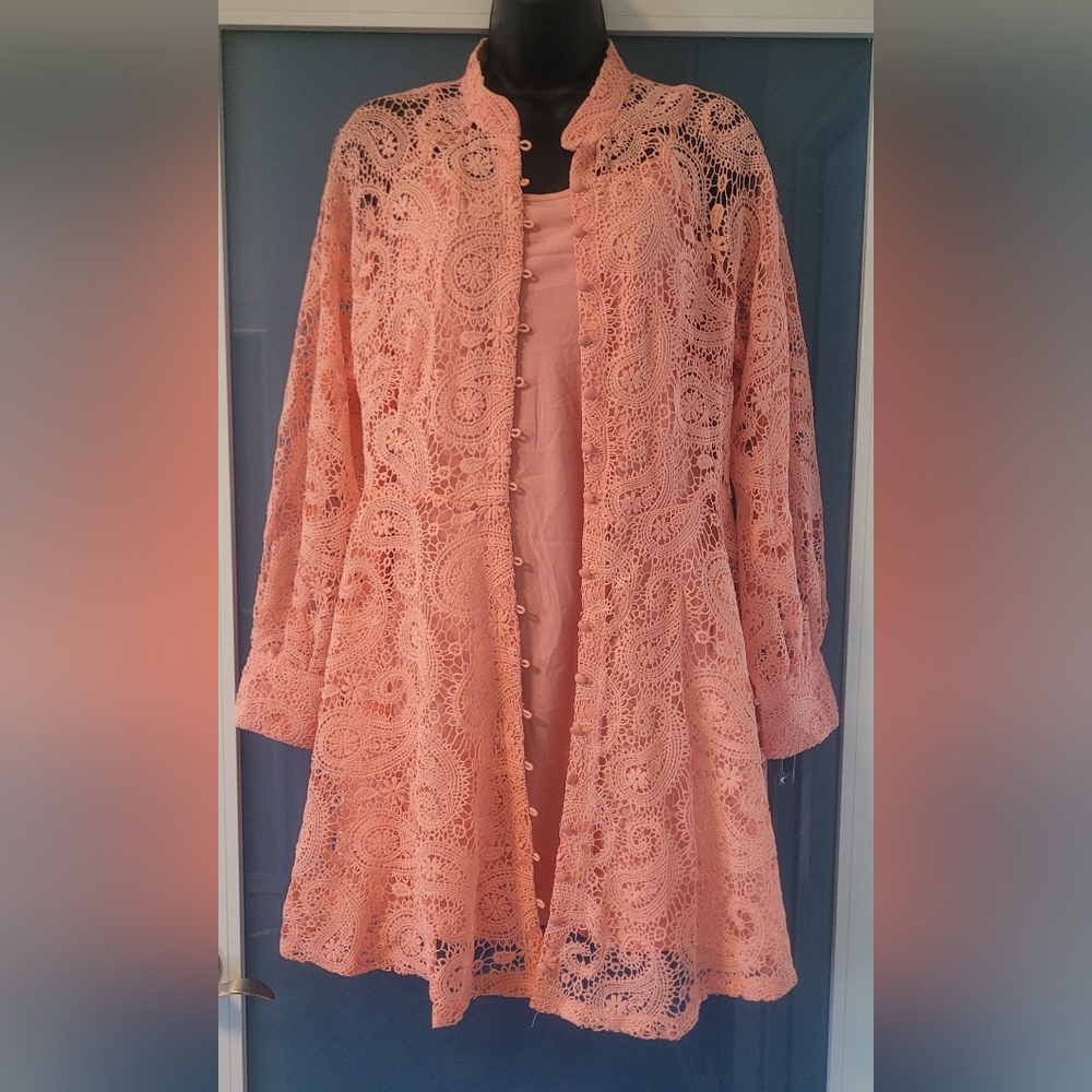 DRESS Peach Crochet Lace Button-Front Tunic SIZE L - Picture 16 of 17
